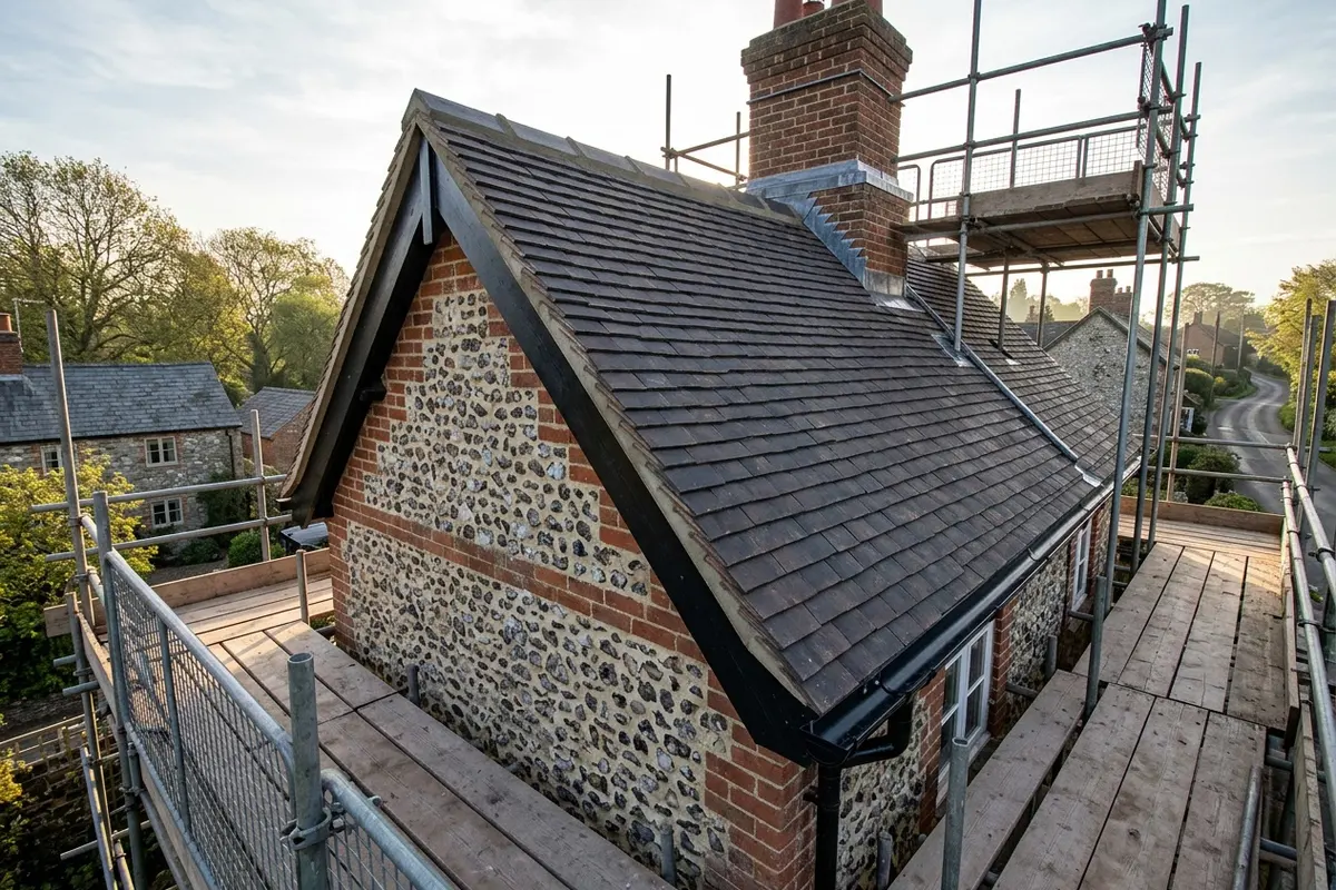 Illustration of a new roof being fitted