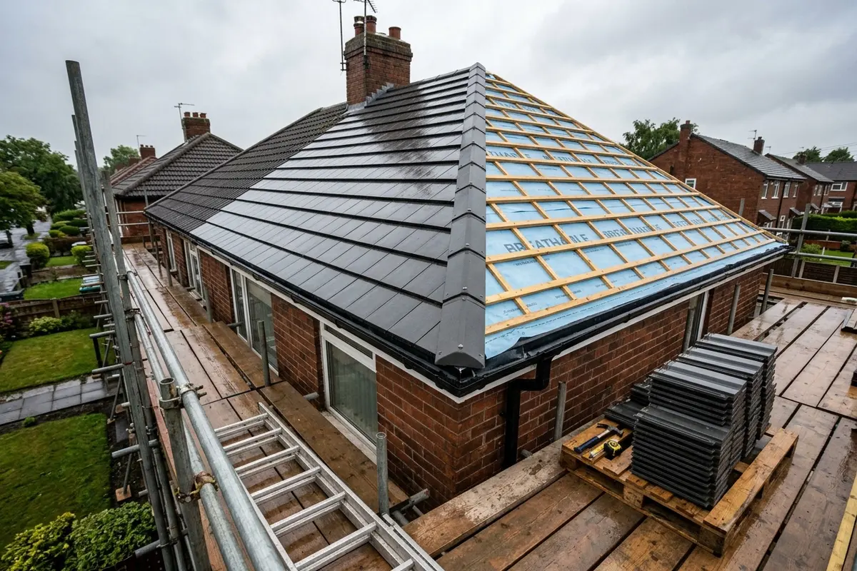 Illustration of a new roof being fitted