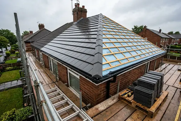 Illustration of a new roof being fitted