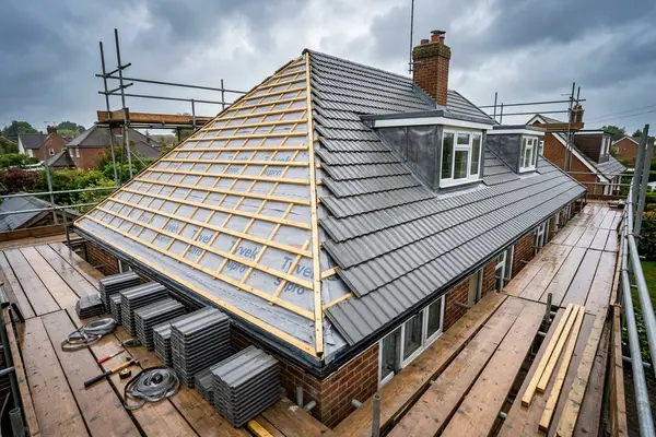 Illustration of a new roof being fitted